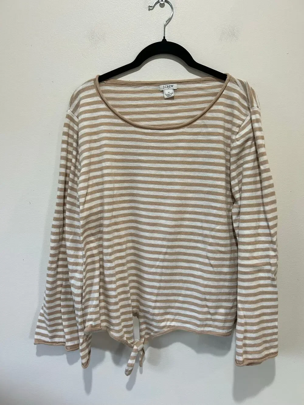 J. Crew tan white striped knit sweater womens XL round neck light weight